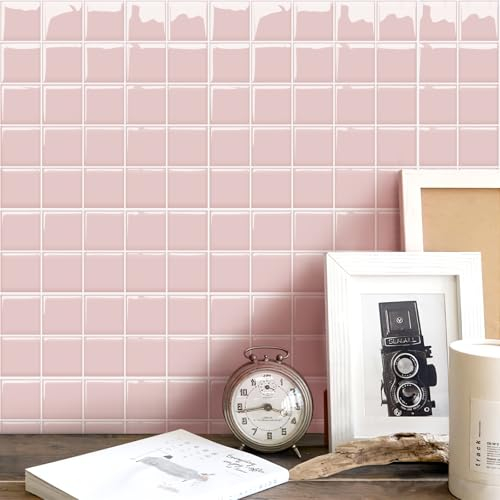 Alwayspon 10 Sheet Pink 3D Vinyl Wall Tile Sticker Transfers, Thicken Peel and Stick Self-Adhesive Waterproof Splashback Stick on Tile Decals for Kitchen Bathroom Wall, 10inchx10inch