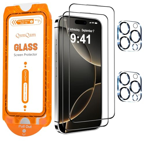 QsmQam für iPhone 16 Pro für Panzerglas + Kamera Schutzfolie, Militärstandard Bruchsicherer, [Full Screen], Ultra Top 9H+ Glas, Auto-Installation, mit Auto-Staubentfernung [2+2 Stück]