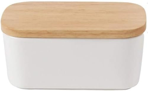 Butterdose Keramik mit Holzdeckel, Porzellan Butterdose Holzdeckel Mit Silikon-Dichtlippe, Multi-Funktion Butterschale Für 250 G Butter, 16,3 x 9,5 x 7,5 cm (Weiß)