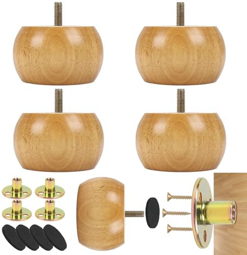 Minnhua 4 Pcs Furniture Legs Wooden Furniture Feet 5cm Solid Wood Furniture Feet Sofa Legs Round Bun Feet with 4 Screws Wooden Bun Feet for Furniture Chair Feet Sofa Couch Ottoman Coffee Table Cabinet