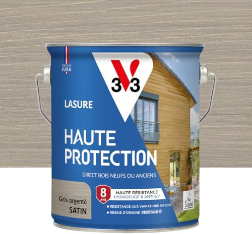 V33 Vernice per legno esterno grigio argento satinato, alta protezione 8 anni, alta resistenza idrorepellente e UV, resistente alle variazioni del legno, Ecolabel, resina di origine vegetale, 2,5 l