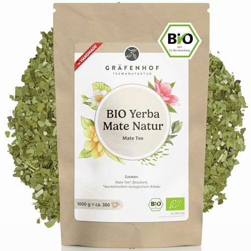 Yerba Mate Tee Bio, Das Original, 1KG loser Matetee, hoher Koffeingehalt, ungeröstet, luftgetrocknet, im Labor analysiert, Mateblätter in Deutschland abgefüllt, Gräfenhof Premium Qualität