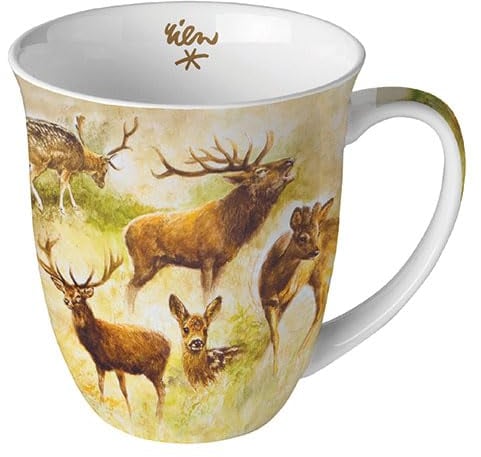 Ambiente Teetasse Kaffeetasse Becher Mug 0,4l Wildtiere Rehe im Herbst Fine Bone China Porzellan