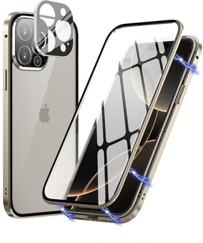 MIMGOAL Case for iPhone 16 Pro Max, Magnetic Adsorption Metal Bumper with Front and Back Transparent Tempered Glass Flip Cover 360 Degree Full Body Case for iPhone 16 Pro Max 6.9, Natural Titanium
