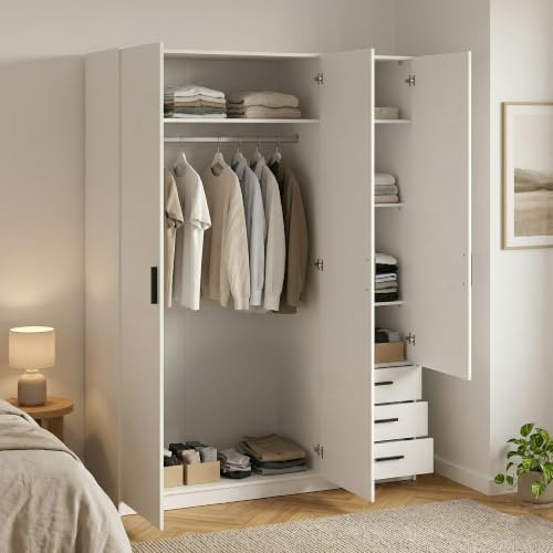 Dmora - Kleiderschrank 3 Türen Thea, Schlafzimmermöbel, Schrank, Garderobe, 147x50 h200 cm, Weiß