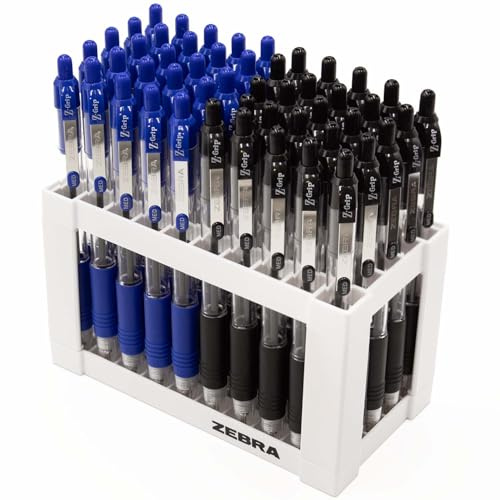 Zebra Z-Grip Ballpoint Retractable Pen - Desktop Stand Set of 50 Pens - Black & Blue Ink - 1.0mm Nib Tip - Ideal for Writing, Revision, School, Teachers etc