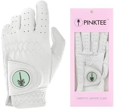 CROWNBLANKS PINKTEE Women's Golf Glove Left Hand Ladies Pink Cabretta Leather Golf Gloves with Removable Magnetic Ball Marker Full Finger Elastic (Mint Mark, 19)