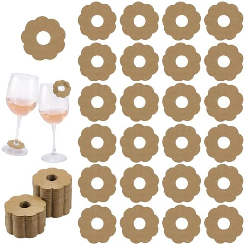 FINGERINSPIRE 200Pcs Étiquette de Nom de Boisson en Papier pour Verres à Vin 50mm en Forme de Fleur de Couleur Beige Marqueur Identification de Verre Vin Breloque Verre à Vin Vierge pour Invités Fête