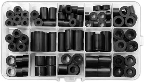 90 Pcs ABS Round Spacers, Nylon Plastic Washer Assortment Kit, M8/6 Insulation Screws Non-Threaded Column Standoff Support Spacers Washers with Storage Box, 14 Different Sizes Black