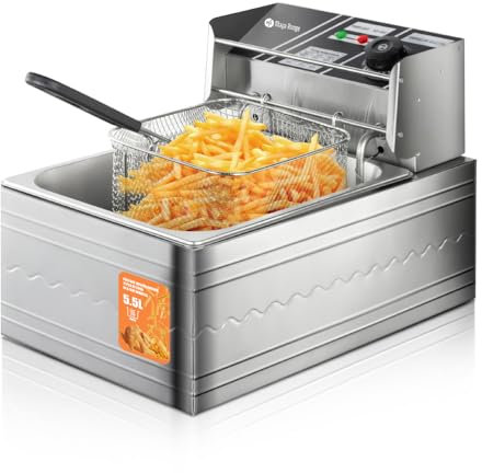 Maya Range Electric Deep Fat Fryer, 5.5 Litre Commercial Deep Fryer Easy Clean, Adjustable Temperature Control, Chip Pan with Basket & Lid for Kitchen, Restaurant, 2500W, Stainless Steel
