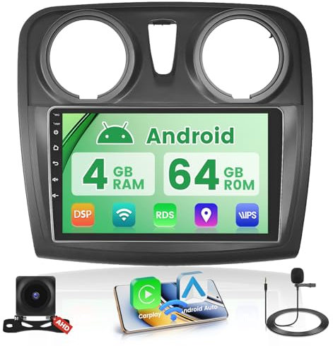 5G WiFi 4+64G Android Radio de Coche para Renault Dacia SANDERO 2014-2017 Inalámbrico Carplay, 9 Pulgadas IPS Pantalla Táctil Autoradio Bluetooth Android Auto GPS DSP FM/RDS Cámara Trasera