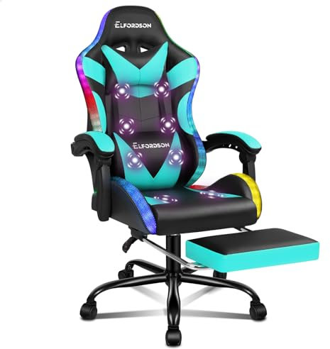 ELFORDSON LED Gaming Chair with 8-Point Massage, Ergonomic Computer Office Chairs with Headrest, Lumbar Cushion, Footrest, RGB Light, PU Leather, Lyam Series (Cyan)
