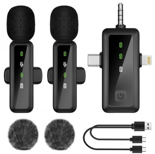 3 en 1 Microfono Inalambrico para Movil Cámaras Ordenador, Micrófono Inalámbrico Bluetooth, Cancelación Ruido, Plug-Play, Microfone Wireless Profissional, Lavalier Microphone para Podcast Vídeo Vlog