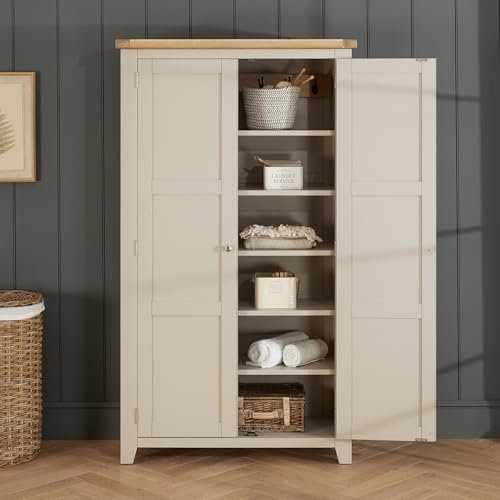 The Furniture Market | Cheshire Dove Grey | Double Shaker Linen Storage Cupboard | Tall Shaker Storage Cabinet | Adjustable Shelves & Hooks | Minor Assembly Required | H 1800 x W 1020 x D 410mm