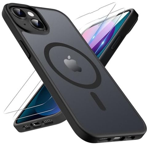 TQIAHF Magnetic Phone Case for iPhone 13 / iPhone 14 Case with 2 Tempered Glass Screen Protector Compatible with MagSafe Military Grade Translucent Matte Phone Cover,Black