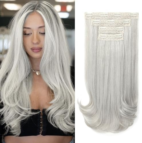 REECHO Clip-in Extensions - 4PC Hair Extensions Clip in Haarverlängerungen 40 cm, Layer-Cut, natürlich aussehende Haarteile mit unsichtbarem weichem Tressenband - Silber-Grau