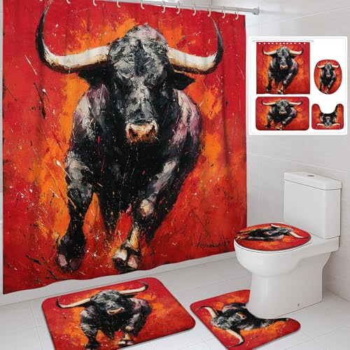Duschvorhang-Set, Motiv: Stier, rot-schwarz, Aquarell-Kunst, Badematte, Teppich, Zubehör für Badezimmer-Dekor, Herbst, modern, abstrakter Stoff, Duschvorhang-Set mit Haken, 183 x 183 cm