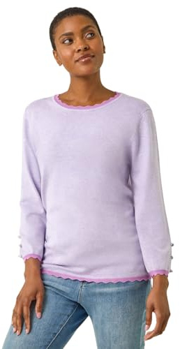 Roman Diamante Button Scallop Edge Jumper for Women UK Ladies Autumn Everyday Winter Holiday Round Neckline Comfy Long Sleeve Soft Slim Fit Knitted Sweater Warm Tops