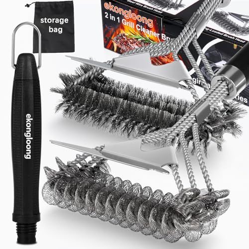 Ekongloong 2 in 1 Grill Cleaner Brush with Bristle-Free Scraper | Ergonomic Handle with Removable Cleaning Brush | Cleaning Accessories for Outdoor Grill/BBQ/Blackstone Griddle(Gift Box Packaging)