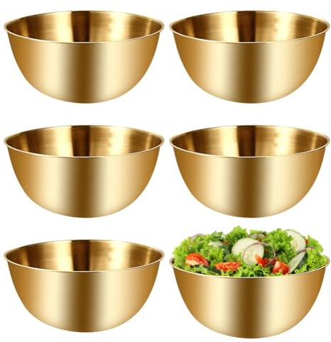 Edelstahl Schüssel Set, 6Pcs Rührschüssel Salatschüssel 700ml Spülmaschinenfest Stapelbar Schüsseln Edelstahlschüsseln mit Skala Servierschüssel für Müslischale Dipschale Snackschalen(Golden, Ø 17cm)