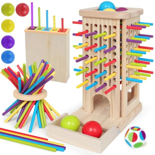 puiaxod 3-in-1 Montessori Spielzeug Holz Brettspiel ab 3 Jahren | Würfel Brettspiel aus Holz, Kinderspiele mit Bunte Stäbchen & Ball, Pädagogisches Familienspie Jungen & Mädchen 3-9 Jahre