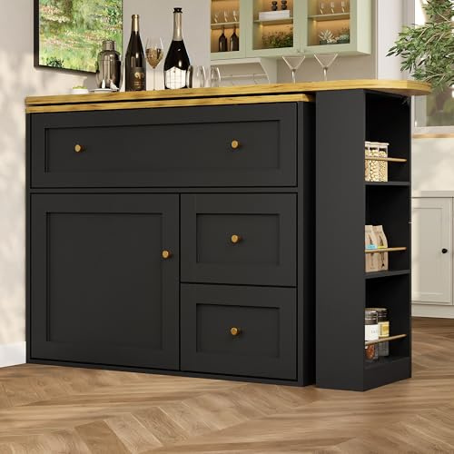 Kelodan Bartisch ausziehbar 138-204x39x105cm, mit Stauraum Küchenschrank, Sideboard mit Snackregal, teleskopischer Stehtisch Bistrotisch Hochtisch Kücheninsel, schwarz