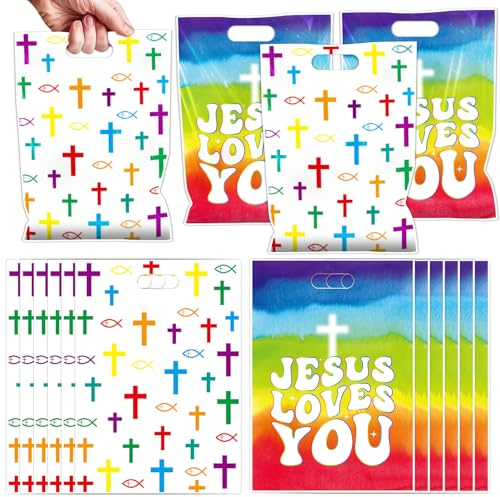 Falueqg Jesus Loves Me Party Favors - 100 Pcs Rainbow Christian Goodie Candy Gift Bags Bible Verse Cross Party Favors for Jesus Birthday Christmas Sunday School Church Group Decorations