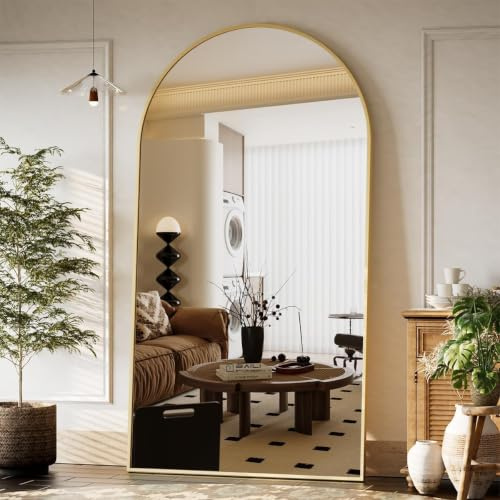 BEAUTYPEAK Grand miroir de sol arqué, 195 x 95 cm, sur pied bombé, suspendu ou appuyé contre le mur, grand miroir de sol avec support, pour chambre à coucher, salon ou dressing, doré