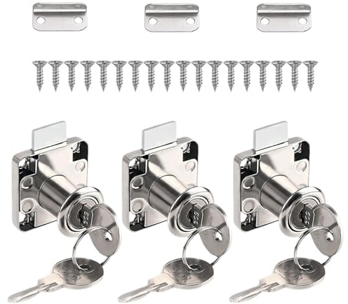 Alinw 3 Pcs Cabinet Lock, 22mm Cupboard Locks with Key, Drawer Cam Lock with Screw for Mailbox Post Locker Drawer Office Household