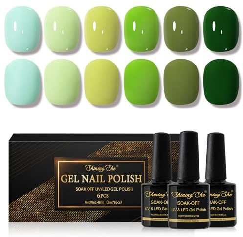 Shining She Gel Nail Polish Green, 6 Colours Mint/Soft/Teal/Bright/Olive/Dark Green Gel Polish Set Soak-Off UV/LED Nail Polish Spring Summer for Manicure Nail-Art Salon DIY at Home, 8ML