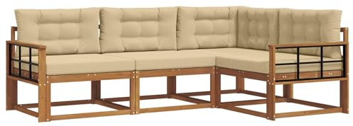 vidaXL Outdoor-Sofagarnitur mit Kissen 4 pcs Natur und Beige, Garten Modular Outdoor Sofa, Langlebiges Sektionales Set, Bequeme Patio-Sitzgelegenheiten, Moderner Akazienholz-Lounge