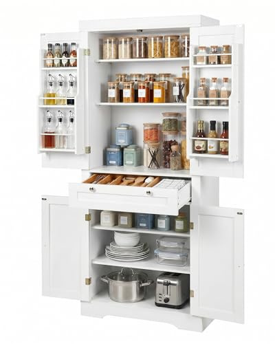 Amveya Mueble de Cocina Armario Despensa 76x40x182 cm Vitrina Alacena con Cajones Aparador para Cocina Salon Comedor Oficina Blanco
