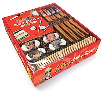Naruto - Soirée sushis: Coffret avec 4 paires de baguettes, 4 repose-baguettes, 1 natte en bambou et 1 livret