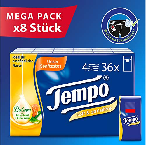 Tempo Taschentuch soft & sensitive - 8 Packungen mit je 36x9 Tüchern - Mit Balsam, Mandelöl und Aloe Vera - Waschmaschinenfest