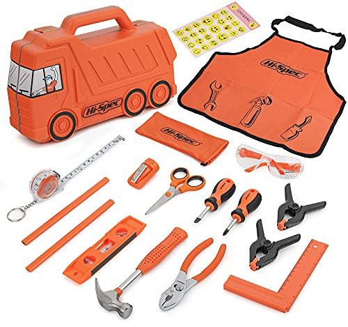 Hi-Spec 17pc Orange Kids Tool Kit & Children's Truck Tool Box – Real Steel Metal Tools for Building, Woodwork, Construction & DIY Projects. Educational Gift Set for Boys & Girls
