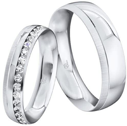 JC Trauringe in Edelstahl Poliert Mattiert ED54 I 2x Verlobungsringe Eheringe Partnerringe I 2 Ringe Damenring mit Stein I Steinschliff: Brillant I Partnerringe mit Gravur in edler Schatulle