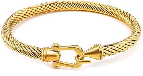 Gleamart Gold Cable Bracelet for Women Stainless Steel Twisted Bangle with Hook Clasp