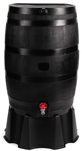 RTS Home Accents 50-Gallon ECO Rain Barrel Made with 100% Recycled Plastic, Flat Back Rain Water Collection Barrel, Stand Included, Black