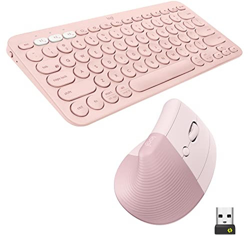 Logitech Teclado K380 y Ratón Ergonómico Lift Vertical, Teclado inalámbrico Bluetooth multidispositivo, Silencioso, Compacto, Windows/macOS/iPad OS, Portátil, PC, QWERTY ESP - Rosa