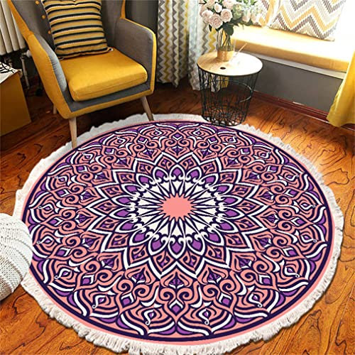 Tomifine Mandala Rund Teppich Quasten, Böhmen Handgewebte Baumwolle Teppiche für Schlafzimmer Wohnzimmer Hausdekor (100 cm,Lila Weiß)