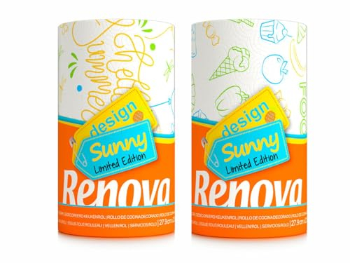 2 Rollen Renova Maxi Rolle Sunny - Küchenpapier - Küchenrolle - Haushaltstücher - Papiertücher - bedruckt mit Sommermotive - 1 Rolle = 3 Standard Rollen - 120 Blätter