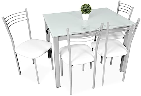 Homey - Pack Mesa de Cristal de Cocina o Comedor + 4 Sillas Color Blanco a Juego, Modelo Kilembo, Prácticas y Funcionales. Medidas: 100-170 cm (Largo) x 70 cm (Ancho) x 75 cm (Alto)
