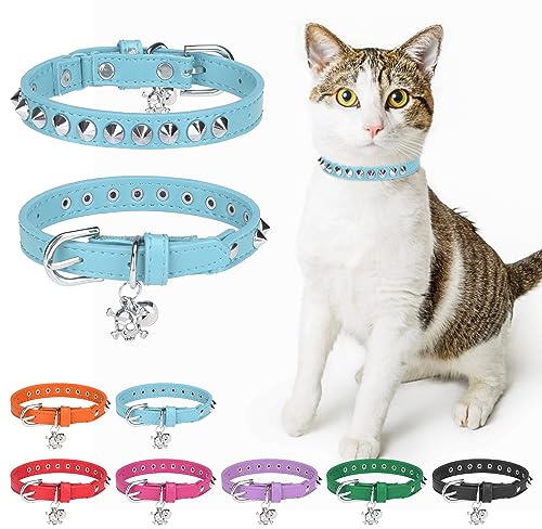 DILLYBUD Leather Cat Collar, Breakaway Kitten Collars with Bell, Blue | Spiked & Studded, Cute for Boy Girl Small Pets, Goth Rivet Style, Safety Elastic Belt, Adjustable Buckle, Skull Charm, 8-12in