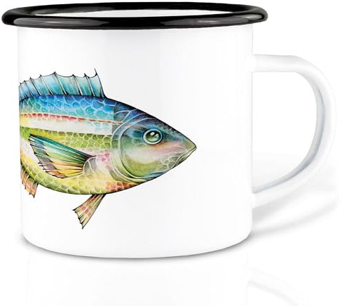 Ligarti Emaille Tasse (leicht & robust) | Camping Becher handveredelt in Deutschland | Trinkbecher für Kinder, Kaffeetasse, Emaillebecher | Fisch