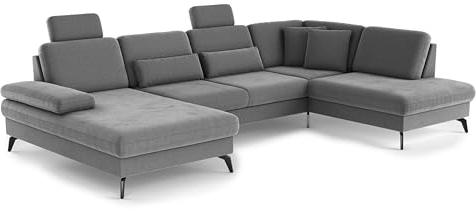 Cavadore Wohnlandschaft Moritz / Sofalandschaft mit Longchair, Bett, Bettkasten, Sitztiefenverstellung, Kopfstützen und mattschwarzen Metallfüßen / 335 x 82-107 x 212 / Mikrofaser, Mittelgrau