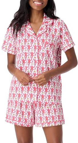 Springcmy Damen-Pyjama-Set, Affe, 2-teilig, Knopfleiste und Y2K-Shorts, Roller-Dupes, Loungewear, Schlafanzug, Nachtwäsche, Nachtwäsche, A-Pink, 42