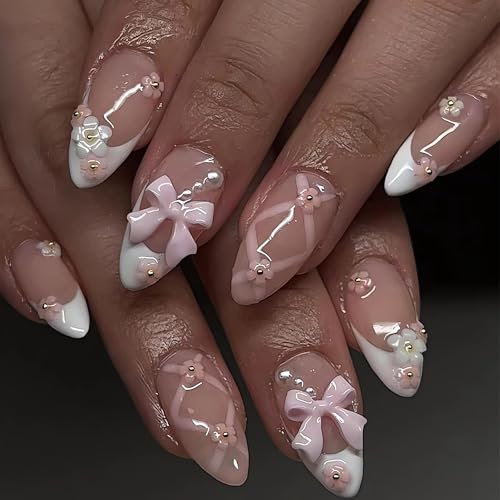 Jewl Aoer Press on Nails Short Almond Pink Artificial Fake Nails 3D Bow Tie Flower Stick On Nail with French Tip Acrylic Reusable Press Ons False Nails Kit for Women Girls-24pcs
