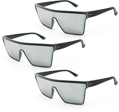 FUIPVGI 3 Stück Übergroße Sonnenbrille Quadratisch Flat Top Shield Sonnenbrille für Herren Damen Polarized Shield Modisch Flaches Oberteil Vintage UV400-Schutz(Silber)