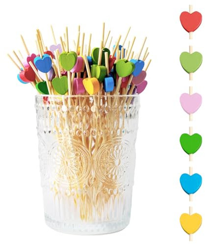 200 Stück Cocktailspieße, BambusstäBe mit Bunte Herz-Dekoration, Obstspieße Kinder Holzspieße Valentinstag, Cocktail Deko Zum Verzehr von Spieße Fingerfood Burgern Obst Sandwiches usw