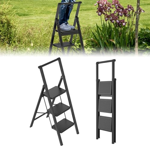 UISEBRT Escabeau pliable à 3 marches avec main courante, échelle domestique, marches antidérapantes élargies, charge maximale 270 kg, échelle pour la maison, le bureau, la cuisine, noir